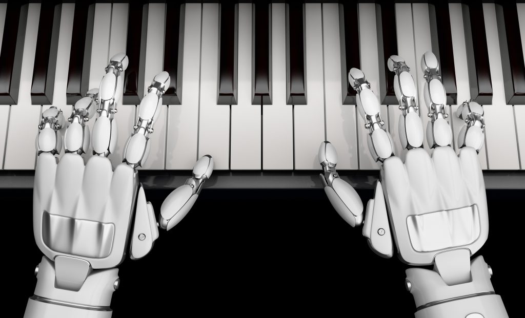 Roboter spielt Klavier. Verlinkung zu Musikgenerator. Künstliche Intelligenz Musikkomposition.